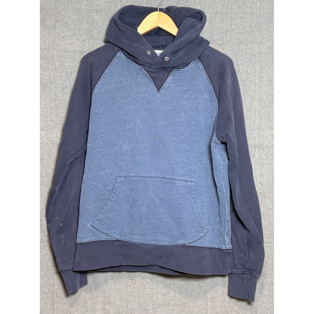 J. Crew Vintage Fleece Hoodie Mens Large Blue Colorblock Raglan Pullover Cotton